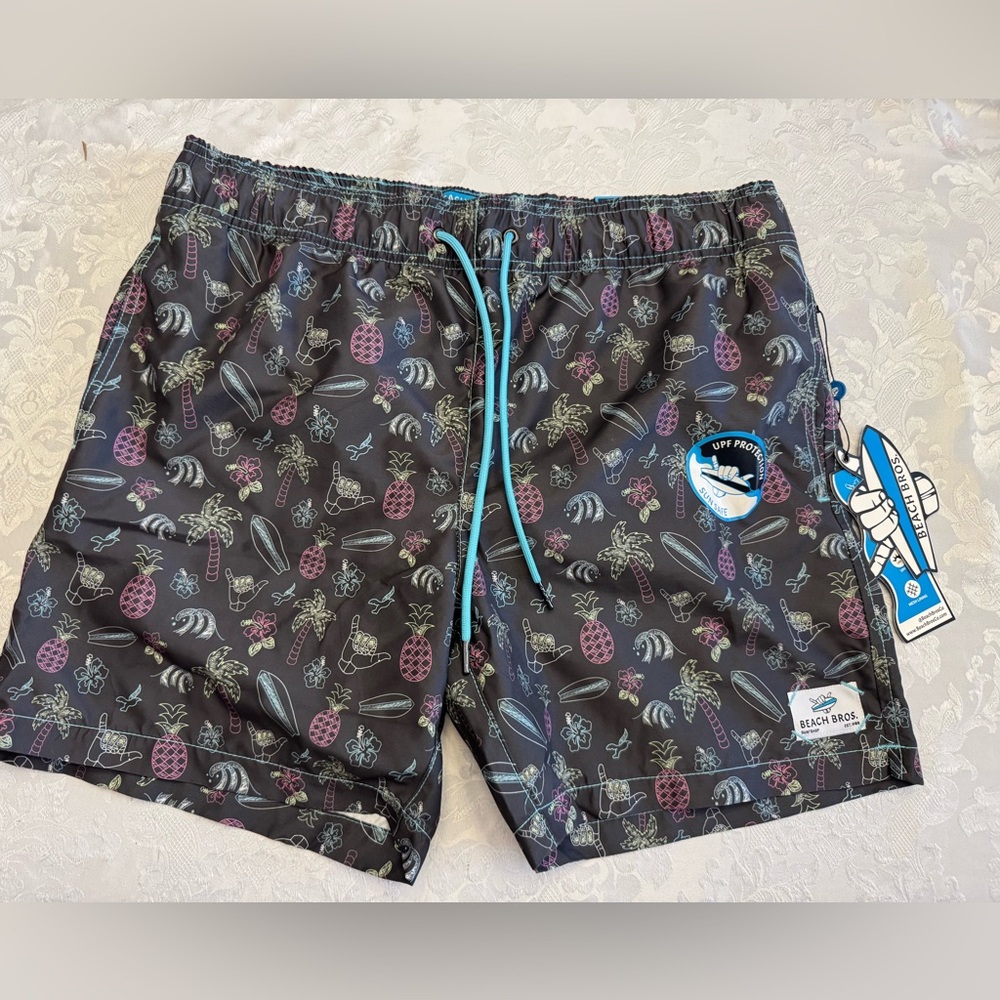 Beach Bros Size L‎ Tropical Chalk Gray Piping Swim Trunks Mesh Liner New